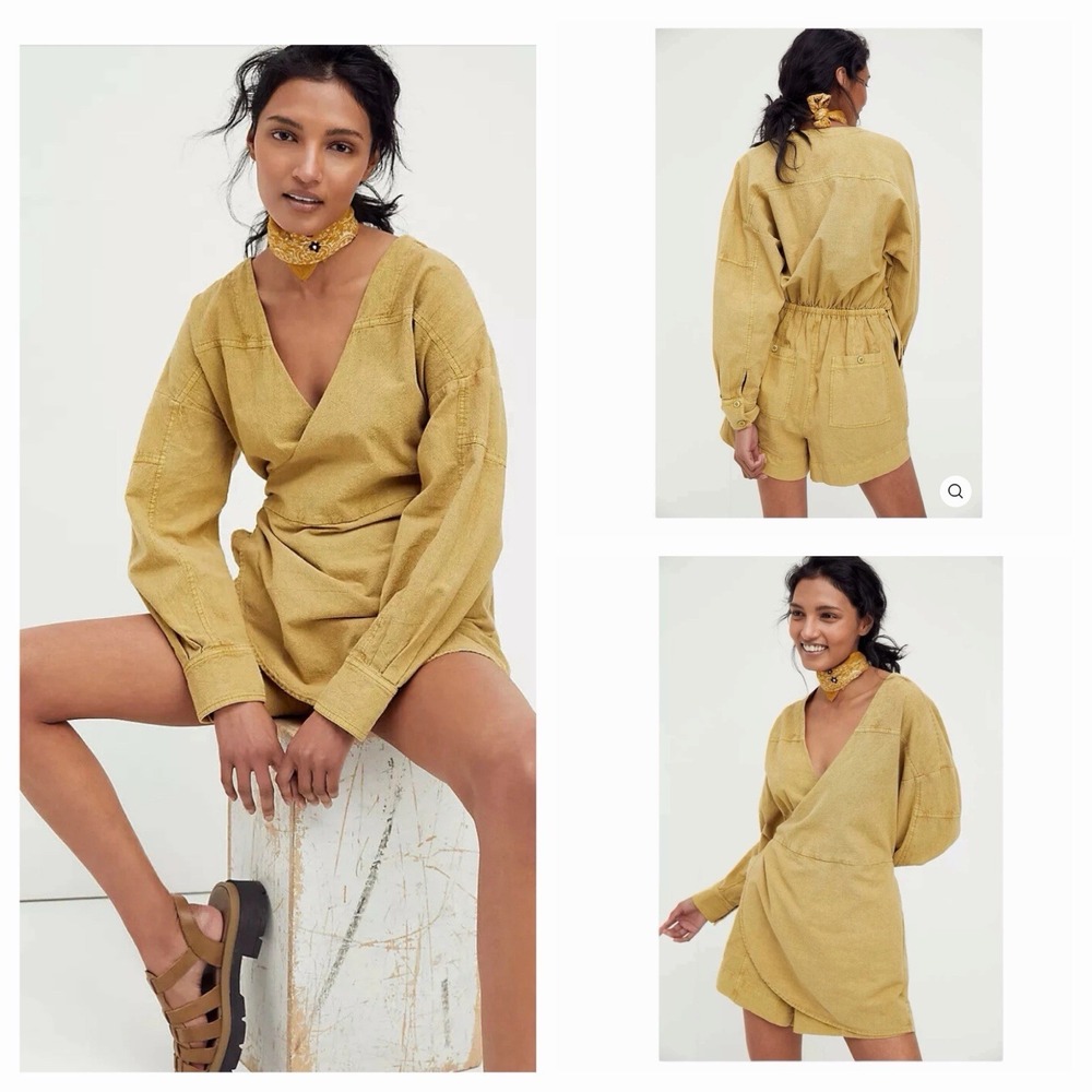 Free People Lia Wrap One Piece Romper Dress Sz 2 •Safari Utilitarian Olive Beige